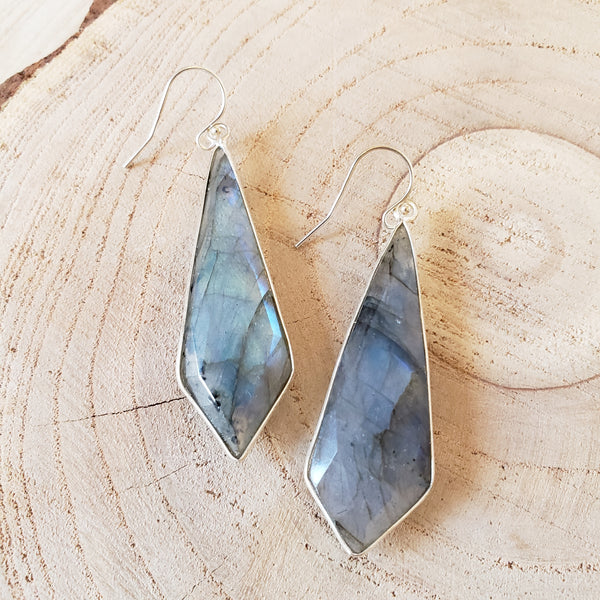 Long Labradorite Diamonds Earrings