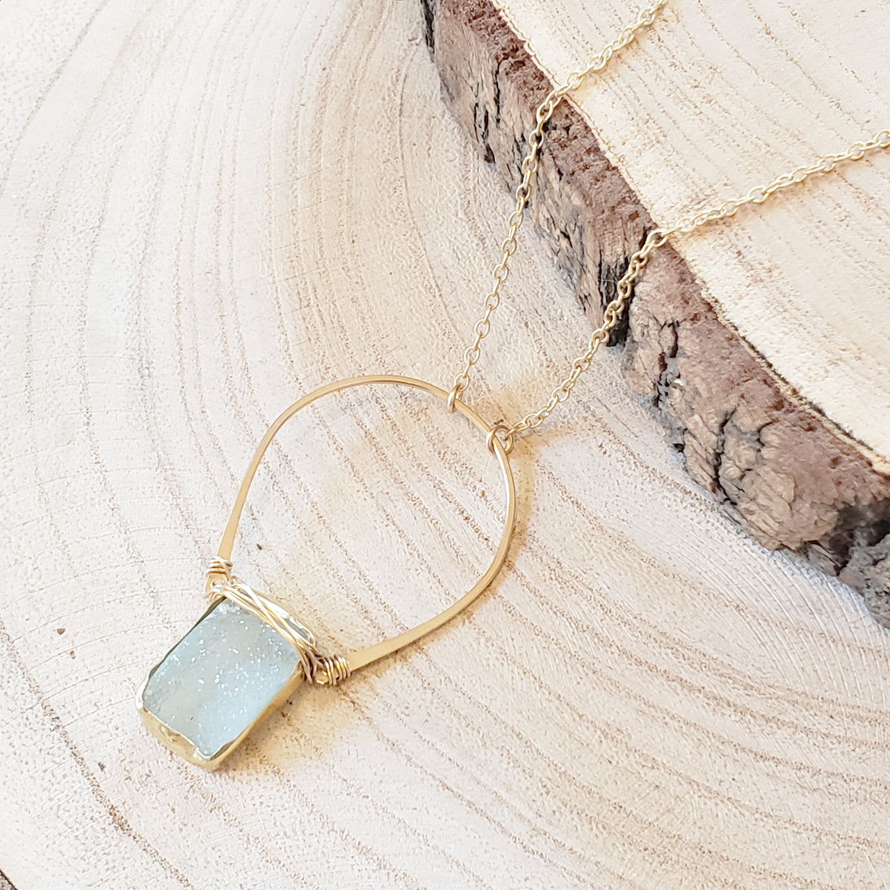 Hammered Ring Aqua Druzy Long Necklace