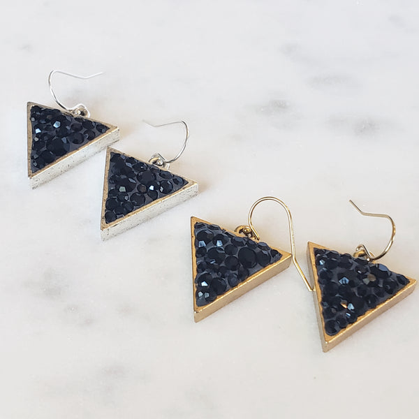 Medium Black Crystal Sparkle Triangle Earrings